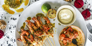 Chermoula prawn skewers with quick tomato relish and aioli.