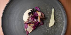 Char-grilled kangaroo,pickled pear,radicchio and juniper.