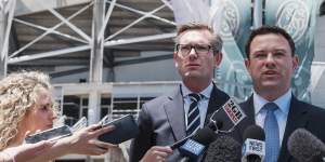 NSW Treasurer Dominic Perrottet and Minister for Sport Stuart Ayres discuss the demolition of the stadium.