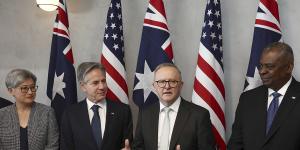 Prime Minister Anthony Albanese with Foreign Minister Penny Wong,US Secretary of State Antony Blinken and US Secretary of Defence Lloyd Austin in Brisbane on Friday.