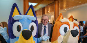 Prime Minister Anthony Albanese with characters from popular ABC children’s program Bluey.