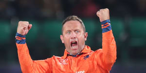 An elated Roelof van der Merwe after dismissing South African skipper Temba Bavuma.