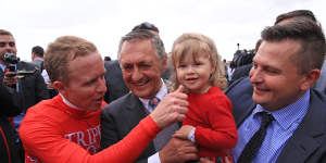 Peter Snowden with granddaughter Demi,Paul and jockey Kerrin McEvoy after winning the inaugural Everest with Redzel. 
