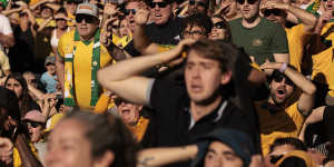 So close:Fans react at Enmore Park after Garang Kuol’s near miss to equalise.