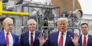 President of the United States Donald Trump,businessman Anthony Pratt and Prime Minister Scott Morrison during the official opening of the Pratt Industries Wapakoneta recycling and paper plant in Wapakoneta,Ohio.