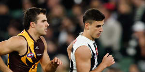 Finn Maginness did a great job shadowing Nick Daicos in Hawthorn’s upset round 21 win over Collingwood.