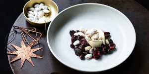 Mascarpone cream,roast cherries with Christmas spices and chocolate sauce recipe by Andrew McConnell for Good Food.