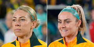 Alanna Kennedy (left) and Ellie Carpenter (right) wearing pre-wrap headbands during the Women’s World Cup.