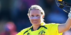 Alyssa Healy celebrates her century in the World Cup final earlier this year.