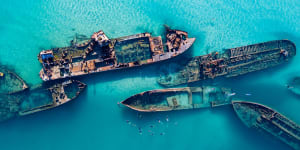 Snorkeller’s paradise:the submerged wrecks off Tangalooma Beach.