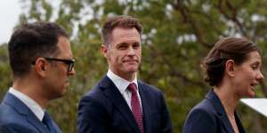NSW Labor Leader Chris Minns with opposition housing spokeswoman Rose Jackson and shadow treasurer Daniel Mookhey during a visit to Warragamba Dam today.