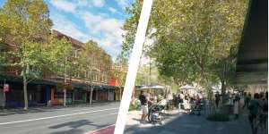 Composite - The City of Sydney wants to transform four main corridors in Sydney into “green avenues” with more trees,widened pedestrian areas and fewer cars. The streets in their sights are Broadway,Park Street,Oxford and Flinders Street and Botany Road (before and after photos). 