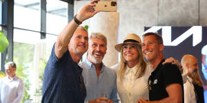 Nine director of television Michael Healy,David Gyngell,Leila McKinnon and Stan CEO Martin Kugeler take a selfie in the Nine suite at the Australian Open.