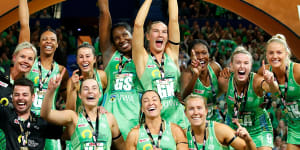 The West Coast Fever celebrate their grand final win last year.