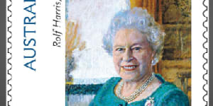 A stamp featuring a controversial portrait of the monarch painted by Rolf Harris in 2005.