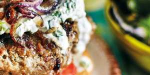 Anjum Anand's'best-ever'spiced beef burger with crispy onions.