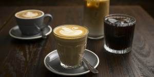 From left:A cappuccino,latte,iced latte and cold brew coffee at Rosso in North Melbourne.