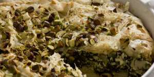 Filo pie with greens,feta and pistachios.