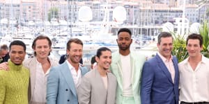 The cast of ‘Top Gun:Maverick’ (L to R) Greg Tarzan Davis,Lewis Pullman,Glen Powell,Danny Ramirez,Jay Ellis,Jon Hamm and Miles Teller,give men’s fashion a reboot on the ground at the Cannes premiere of the eagerly-awaited film.