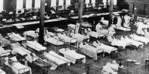 Hospital beds in the Royal Exhibition Building in Carlton during the influenza pandemic.