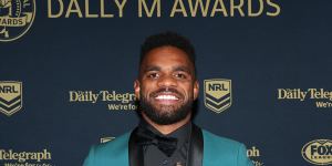 Sunia Turuva with his Dally M Rookie of the Year award in 2023.