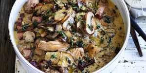 Chicken braised with mushrooms and thyme. 