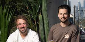 Moon Dog co-founders Josh Uljans (left) and Karl van Buuren on the rooftop of their new Footscray venue,Moon Dog Wild West.