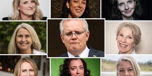 PM Scott Morrison (centre) and some of the independent female candidates that might cause him headaches at the 2022 election. Pictured (clockwise from top left):Kylea Tink (North Sydney),Sophie Scamps (Mackellar),Allegra Spender (Wentworth),Penny Ackery (Hume),Claire Boardman (Flinders),Monique Ryan (Kooyong),Zoe Daniel (Goldstein) and Linda Seymour (Hughes). 