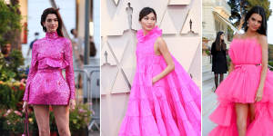 Pink parade (from left):Anne Hathaway and Gemma Chan in Valentino;Kendall Jenner in Giambattista Valli x H&M.