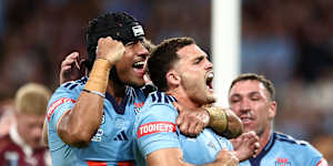 Nathan Cleary celebrates his try for NSW.