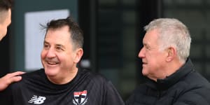 Geoff Walsh (right) with Josh Battle and Ross Lyon at St Kilda last year.