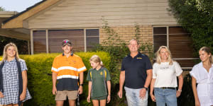 Corey and Kelly Wilkes with their children Harvey,Kurtis,Alexie and Tilly in front of the home they bought in Keilor village. 