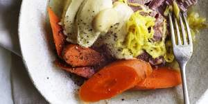 Corned silverside served with boiled carrots,potato puree and creamy mustard sauce.