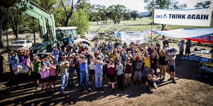 Protesters block entry to Whitehaven’s controversial Maules Creek coal mine development. 