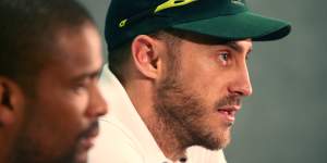 Faf du Plessis addresses the media in 2016.