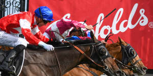 Damien Oliver,centre,en route to victory in the Kennedy Cantala during Derby Day. 