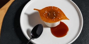 The brioche dessert with a puck of frozen marshmallow that hides kumquat marmalade and Davidson plum.
