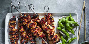 Pork belly skewers with green miso noodle salad.