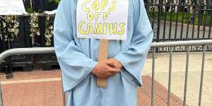 Columbia student Suleyman Ahmed in his graduation robe at the university in New York on Thursday.
