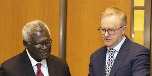 Solomon Islands Prime Minister Manasseh Sogavare during a meeting with Prime Minister Anthony Albanese earlier this month. 