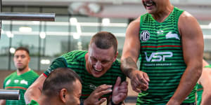 That’s my boy:Jack Wighton and Latrell Mitchell having a laugh at South Sydney training.