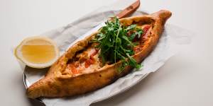 The ‘pidza’ is a Middle Eastern-inspired flatbread with a range of tasty toppings,including harissa prawns.