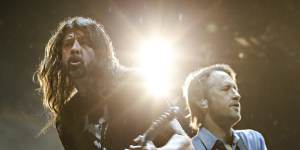 Foo Fighters Dave Grohl and Chris Shiflett play to a sold-out crowd at GMHBA Stadium in Geelong.