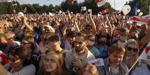Belarusians in Minsk at a rally in support Svetlana Tikhanovskaya.