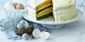 Two-tone Easter cake with cream cheese icing.
