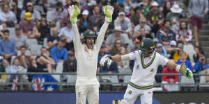 Tim Paine appeals for against Faf du Plessis in the 2018 Cape Town Test,where sandpapergate exploded.