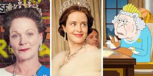 The Queen on screen:Samantha Bond in The Queen and I,Claire Foy in The Crown and the animated Queen in The Prince.