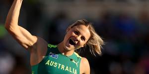 Australia’s Nina Kennedy celebrates during the women’s pole vault final at the World Athletics Championships.