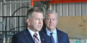 Deputy Premier Jarrod Bleijie and Health Minister Tim Nicholls speaking on Thursday.