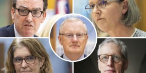 There are several candidates believed to be in the race to replace Reserve Bank governor Philip Lowe (centre). Pictured clockwise from top left are:Treasury secretary Steven Kennedy,Finance Department secretary Jenny Wilkinson,Australian Bureau of Statistics head David Gruen,and RBA deputy Michele Bullock.
